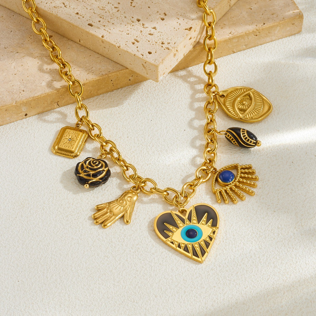 Vintage Bohemian Heart Teardrop Drip Oil Gold Plated Stainless Steel Evil Eye Compass Pendant Necklace and Bracelet Set with Cable Chain for Women