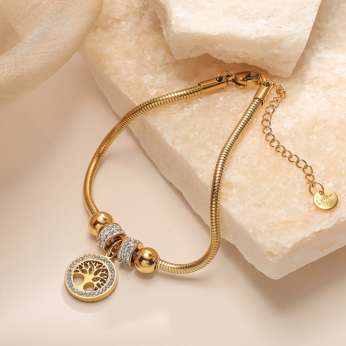 Fashion Geometric Tree of Life Pendant Bracelet for Women Micro-Set Cubic Zirconia 18K Gold Plated Stainless Steel Jewelry