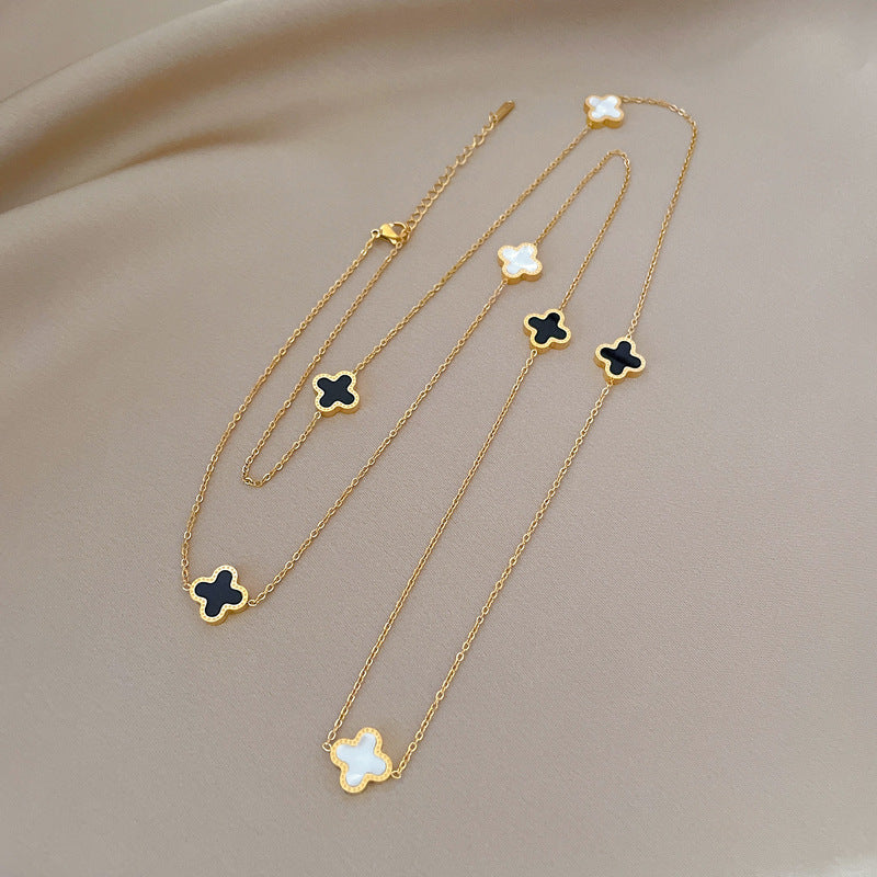 Minimalist Lucky Clover Double-Sided Titanium Steel Necklace with Gold Plating for Women and Men, Geometric Design Fashion Accessory