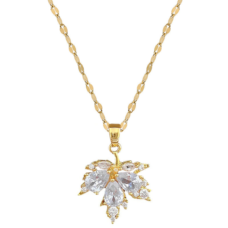 Luxury Plated Titanium Steel Geometric Maple Leaf Necklace and Earrings Set
