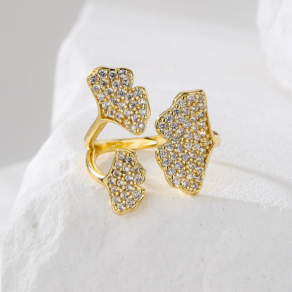 Anello Aperto Geometrico Minimalista da Donna Realizzato in Rame con Placcatura in Oro 18K e Intarsio di Zirconi