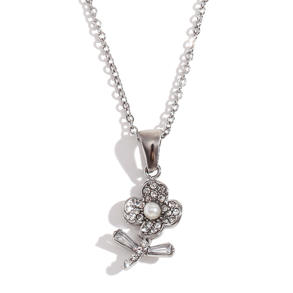 Fashionable Floral Pendant Necklace for Women Stainless Steel with 18K Gold Plating and Rhinestone Accents