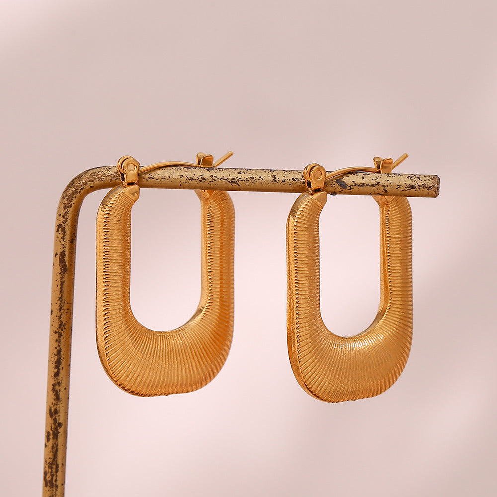 Minimalist Geometric Stainless Steel Plated 18K Gold Tone Hoop Earrings for Women with Striped Texture