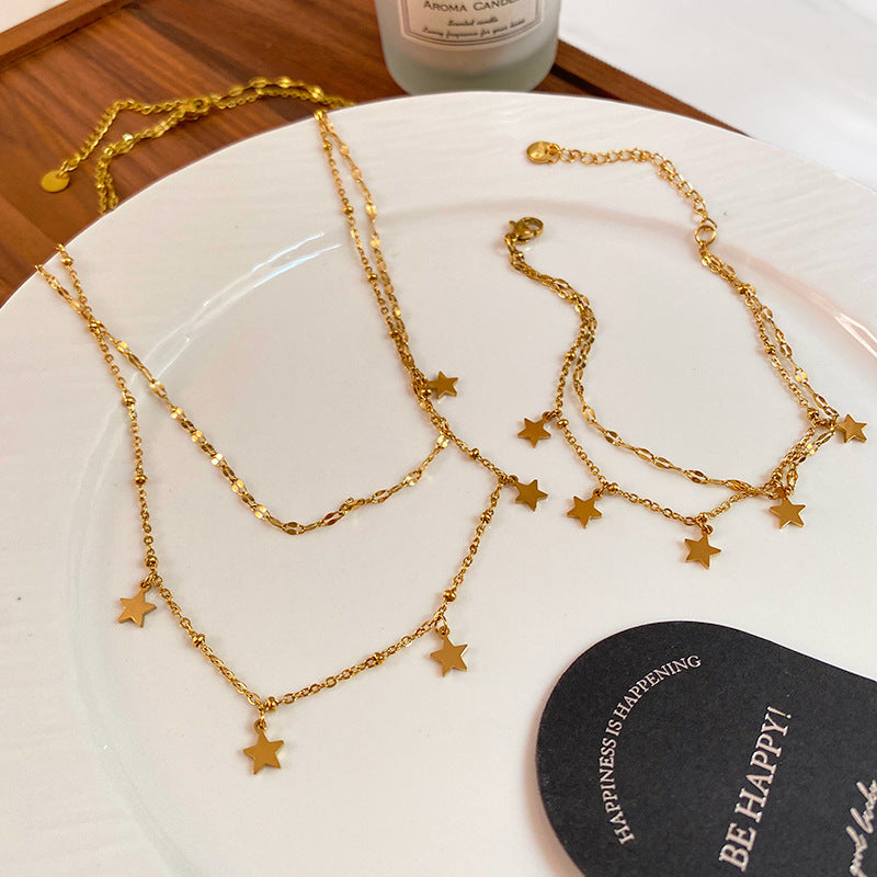Vintage Gold Plated Titanium Steel Star Necklace Bracelet Set