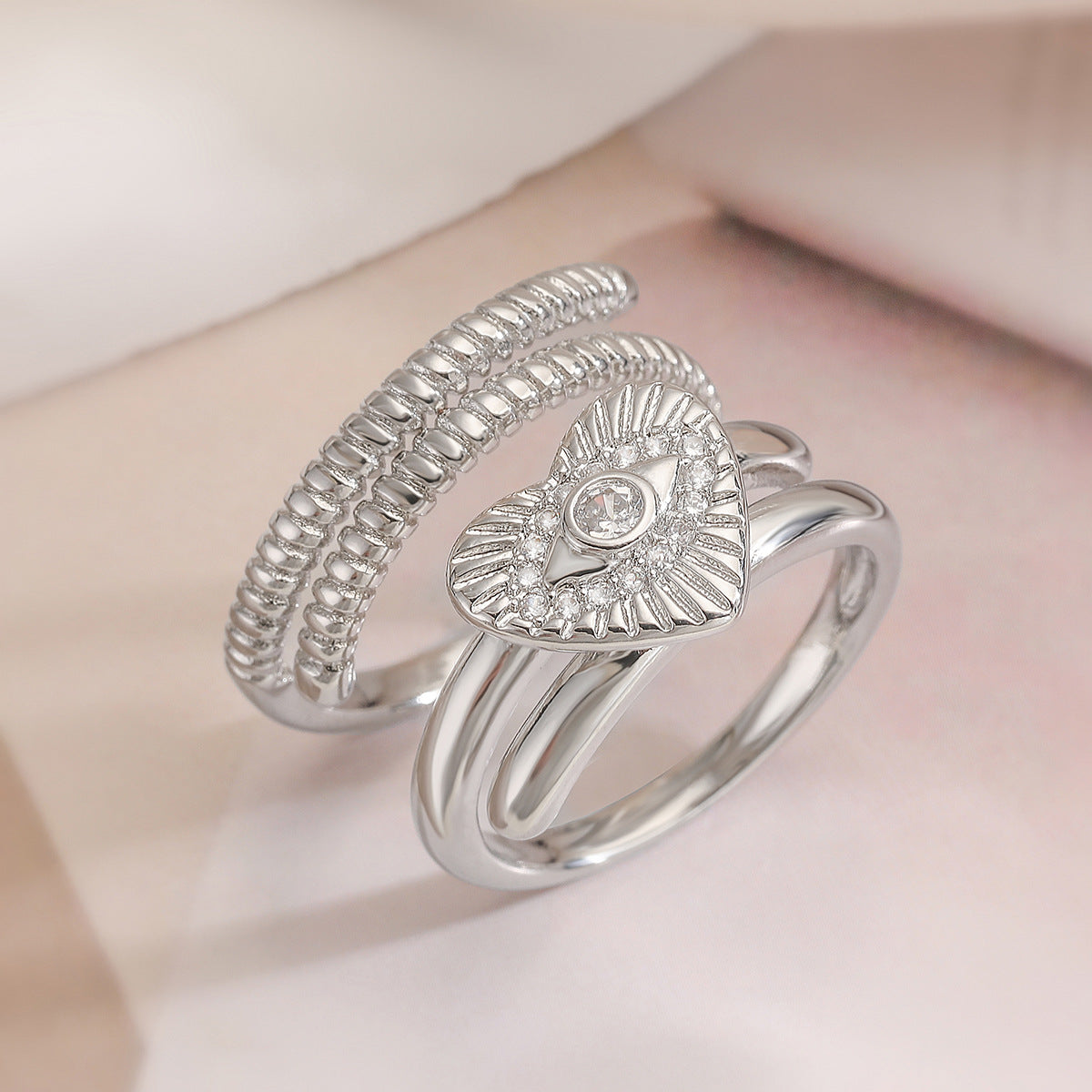 Minimalist Gold Plated Brass Geometric Ring with Cubic Zirconia Evil Eye and Tree of Life Design for Women