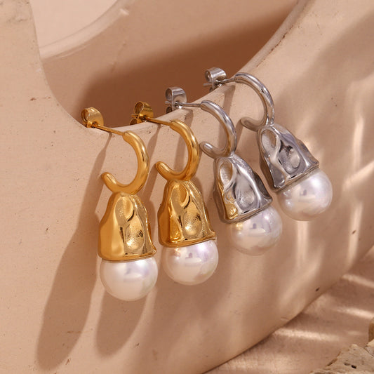 Orecchini da donna in acciaio inossidabile placcato oro 18K, stile geometrico vintage, con texture martellata e perle a goccia