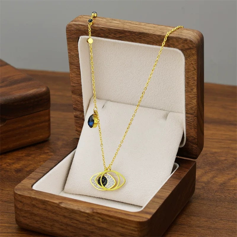 Gold Plated Crystal Evil Eye Titanium Steel Necklace for Women