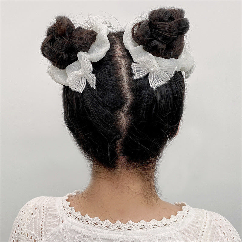 Set di elastici per capelli con fiocco a farfalla per bambini, con perle ricamate e passamaneria in pizzo di organza bianca