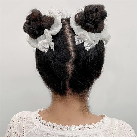 Set di elastici per capelli con fiocco a farfalla per bambini, con perle ricamate e passamaneria in pizzo di organza bianca