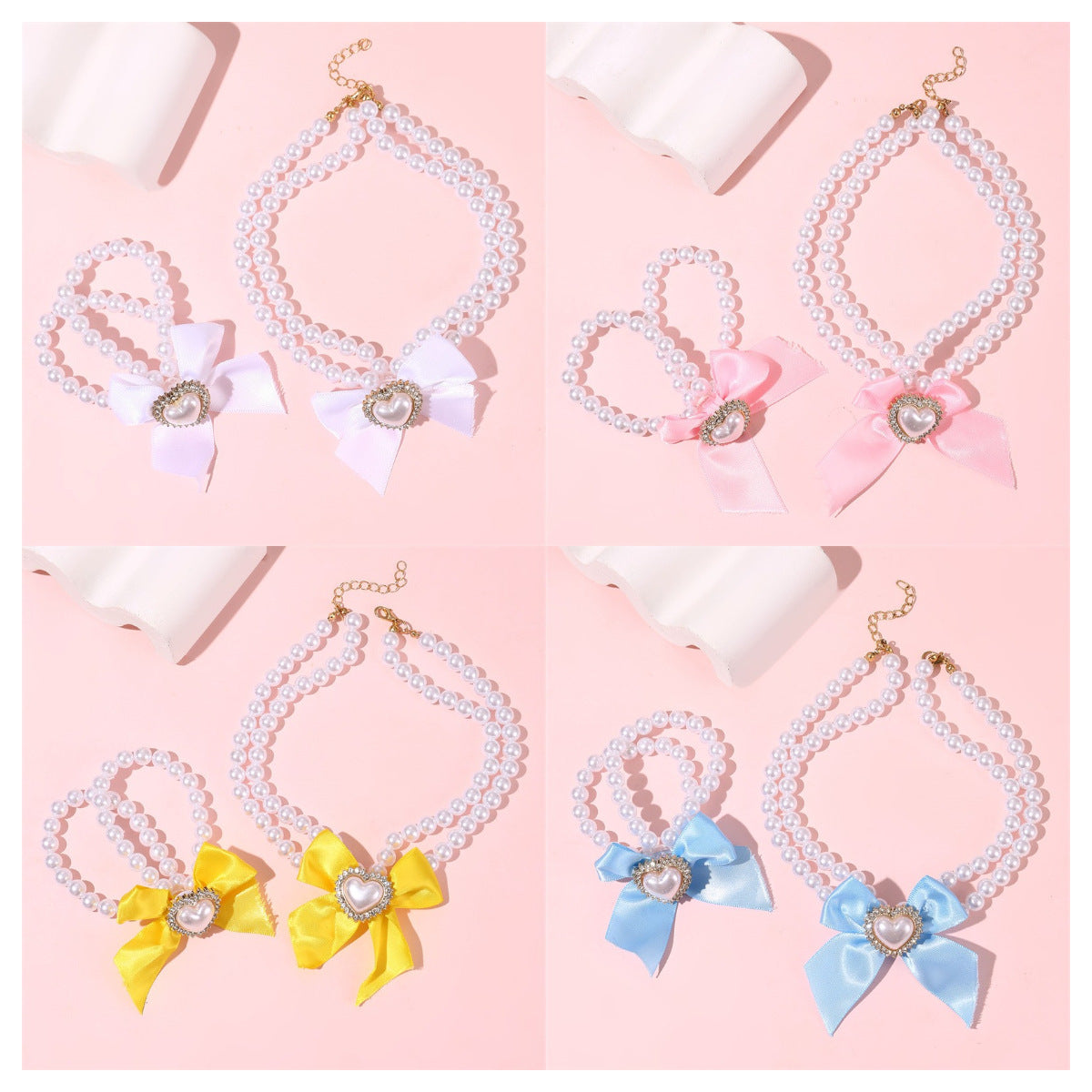 Elegante collar de perlas de doble capa para niñas con lazo y colgante de corazón en estilo estético crema, joyería de resina