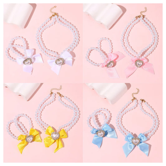 Elegant Double-Layer Pearl Necklace for Girls with Bowknot and Heart Pendant in Cream Aesthetic Style Resin Jewelry