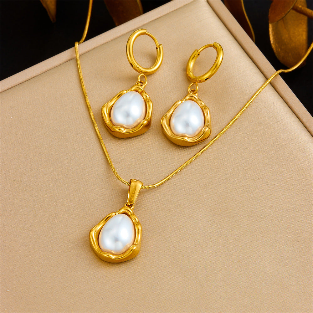 Vintage Gold Plated Heart Teardrop Stainless Steel Necklace and Earring Set with Turquoise and Pearl on Snake Chain for Women