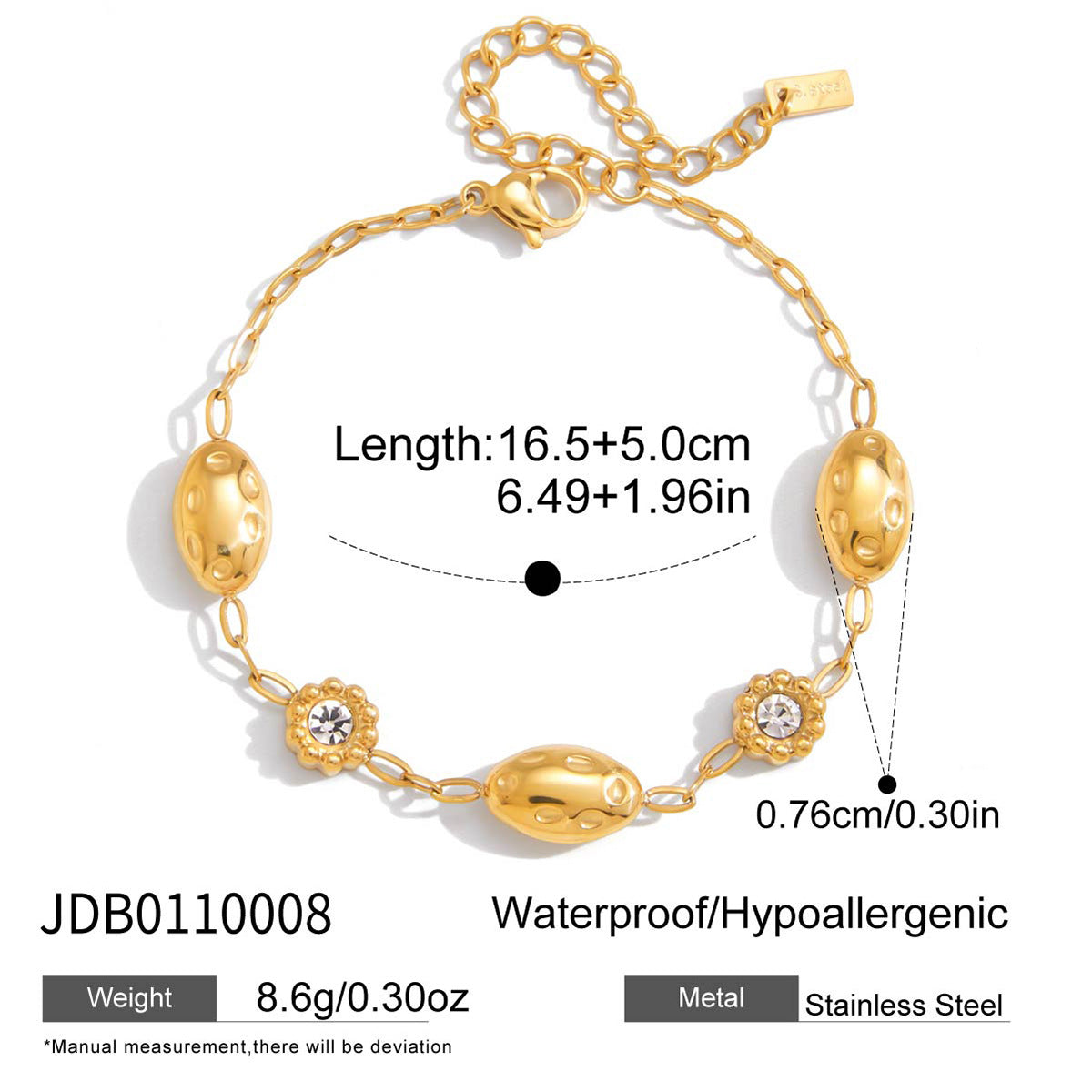 Bracciale da donna in acciaio inossidabile con motivo geometrico floreale, placcatura in oro 18 carati e intarsi in strass