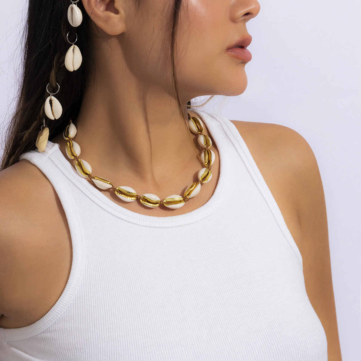 Bohemian Ethnic Geometric Shell Plated Braided Chain Necklace for Women