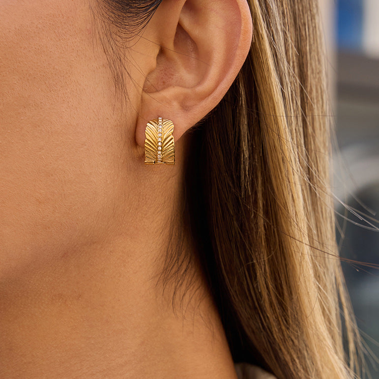 Pendientes Geométricos de Acero Inoxidable con Incrustaciones de Pedrería para Mujer, Aretes de Lujo Bañados, Diseño de Patrón de Hoja