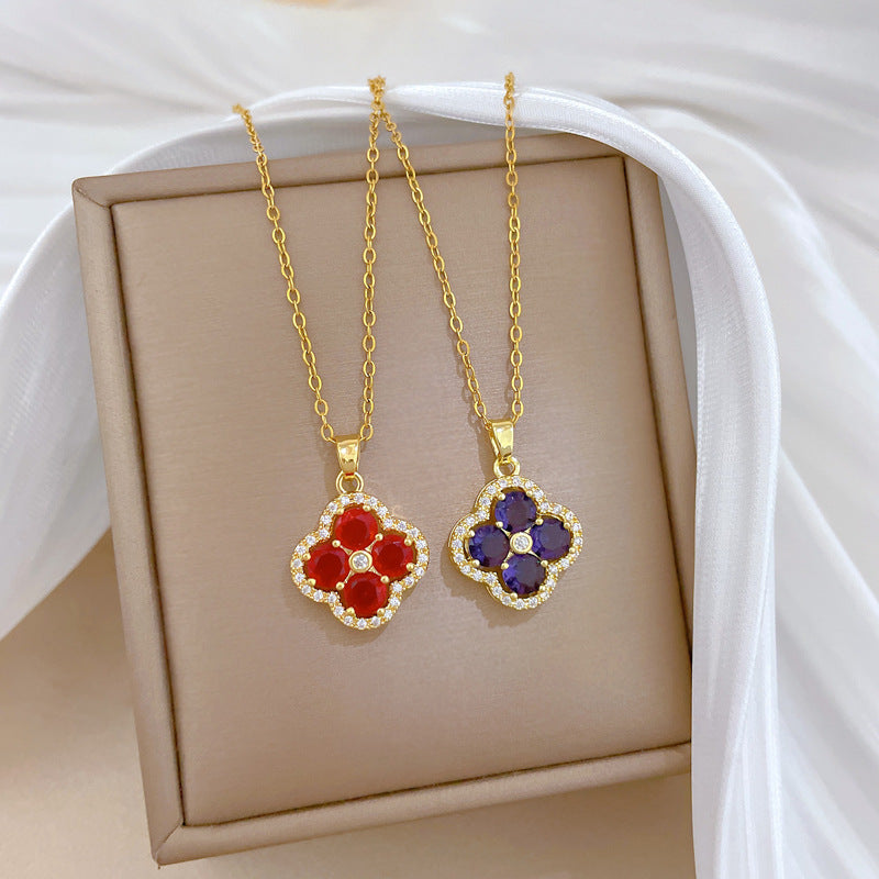 Sweet Full Rhinestone Inlaid Floral Geometric Titanium Steel Necklace with Brass Pendant Cable Chain for Unisex