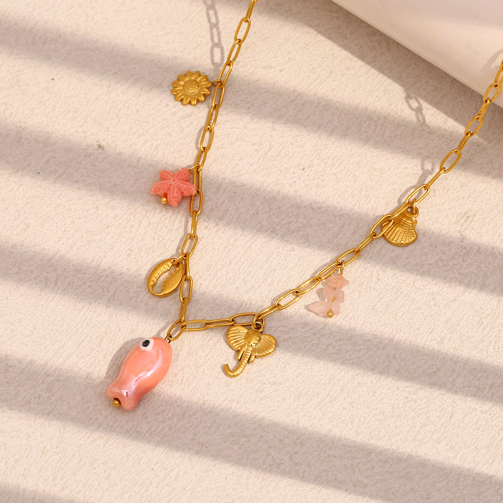 Fashion OL Pink Seashell Fish Pendant Necklace in Stainless Steel with 18K Gold Plating for Women