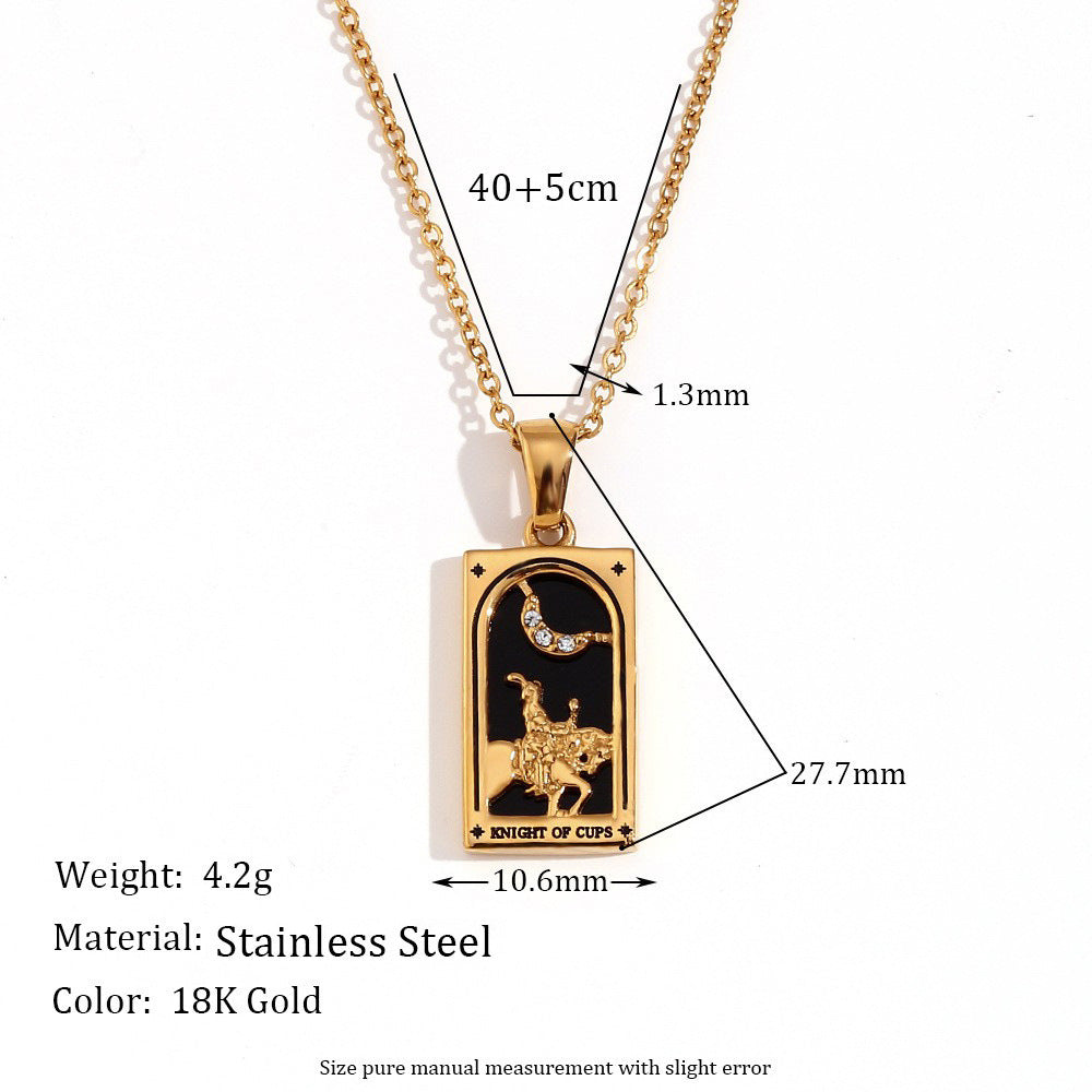 Vintage Tarot Card Pendant Necklace for Women Stainless Steel with 18K Gold Plating Geometric Four-Sided Design Fashion Office Style