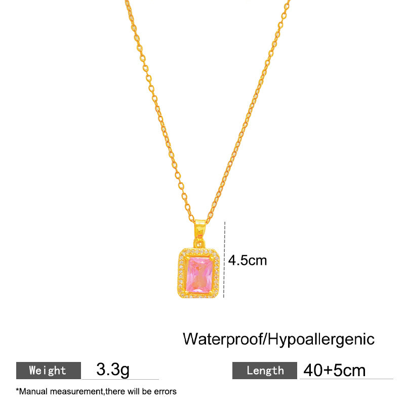 Sporty Sweet Micro-Set Cubic Zirconia Fruit Square Pendant Titanium Steel Cable Chain Necklace
