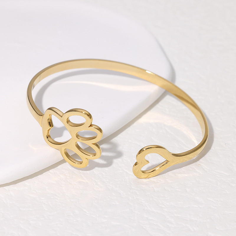 Minimalist Stainless Steel Adjustable Bracelet with Heart and Cat Paw Charm, Polished and Plated