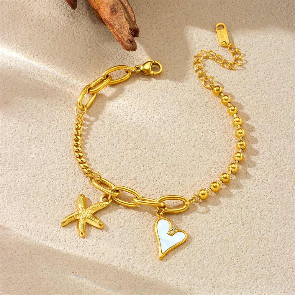 Fashionable Asymmetrical Heart-Shaped Stainless Steel Pendant Bracelet with 18K Gold Plating and Mother-of-Pearl Inlay for Women