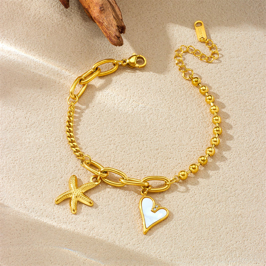 Fashionable Asymmetrical Heart-Shaped Stainless Steel Pendant Bracelet with 18K Gold Plating and Mother-of-Pearl Inlay for Women