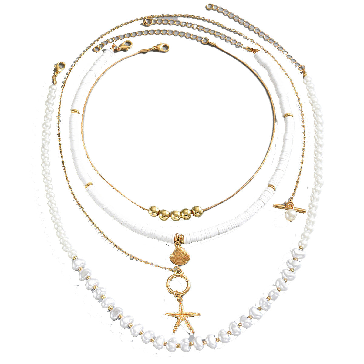 Minimalist Geometric Long Clavicle Necklace Set for Women with Pearl and Shell Pendant Zinc Alloy Chain