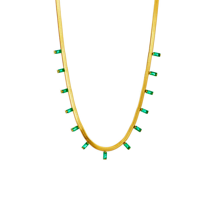 Minimalist Retro Geometric Titanium Steel Snake Chain Necklace with Small Green Rhinestones