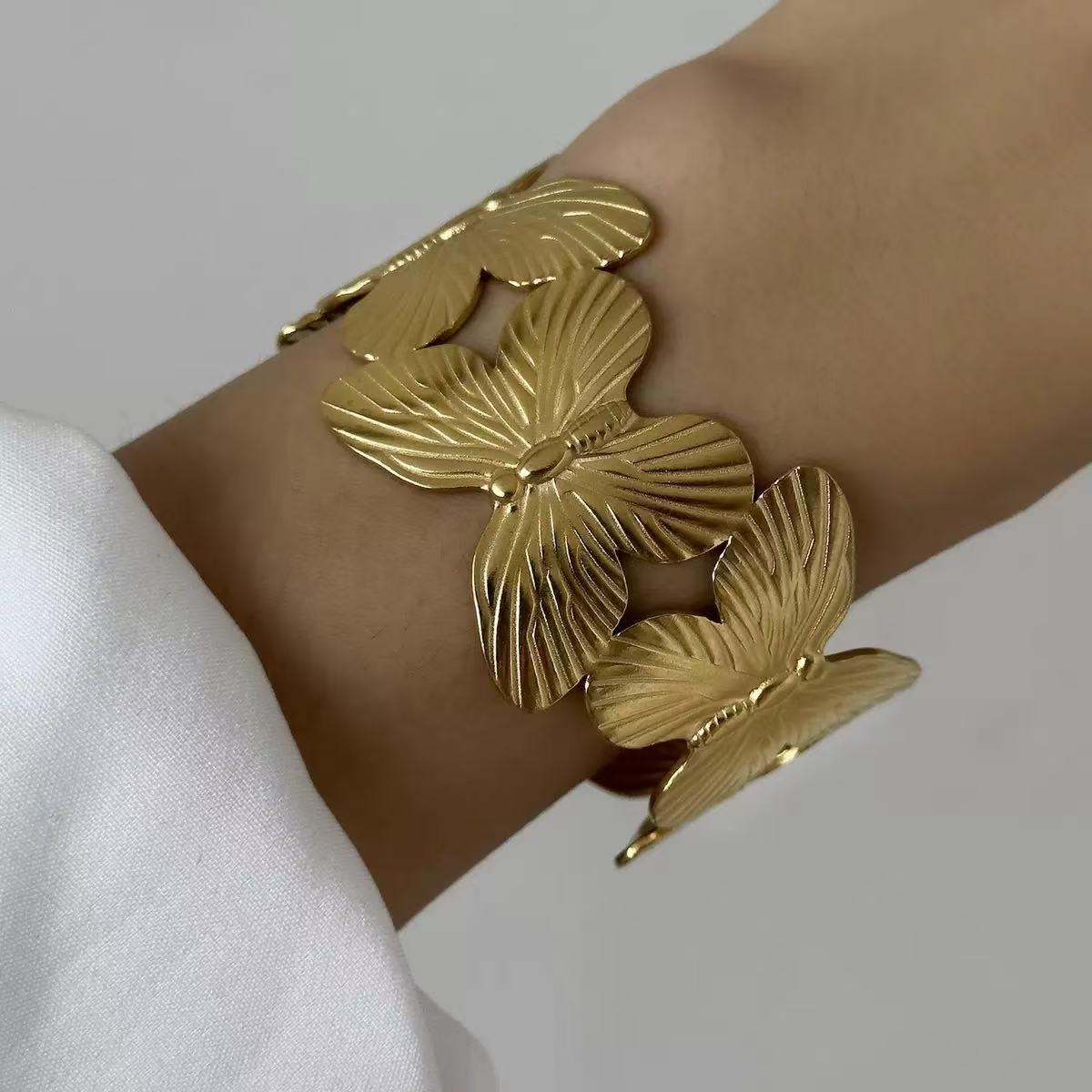 Fashion Geometric Textured Wave Pattern Plated Stainless Steel Wide Open Cuff Bracelet for Women
