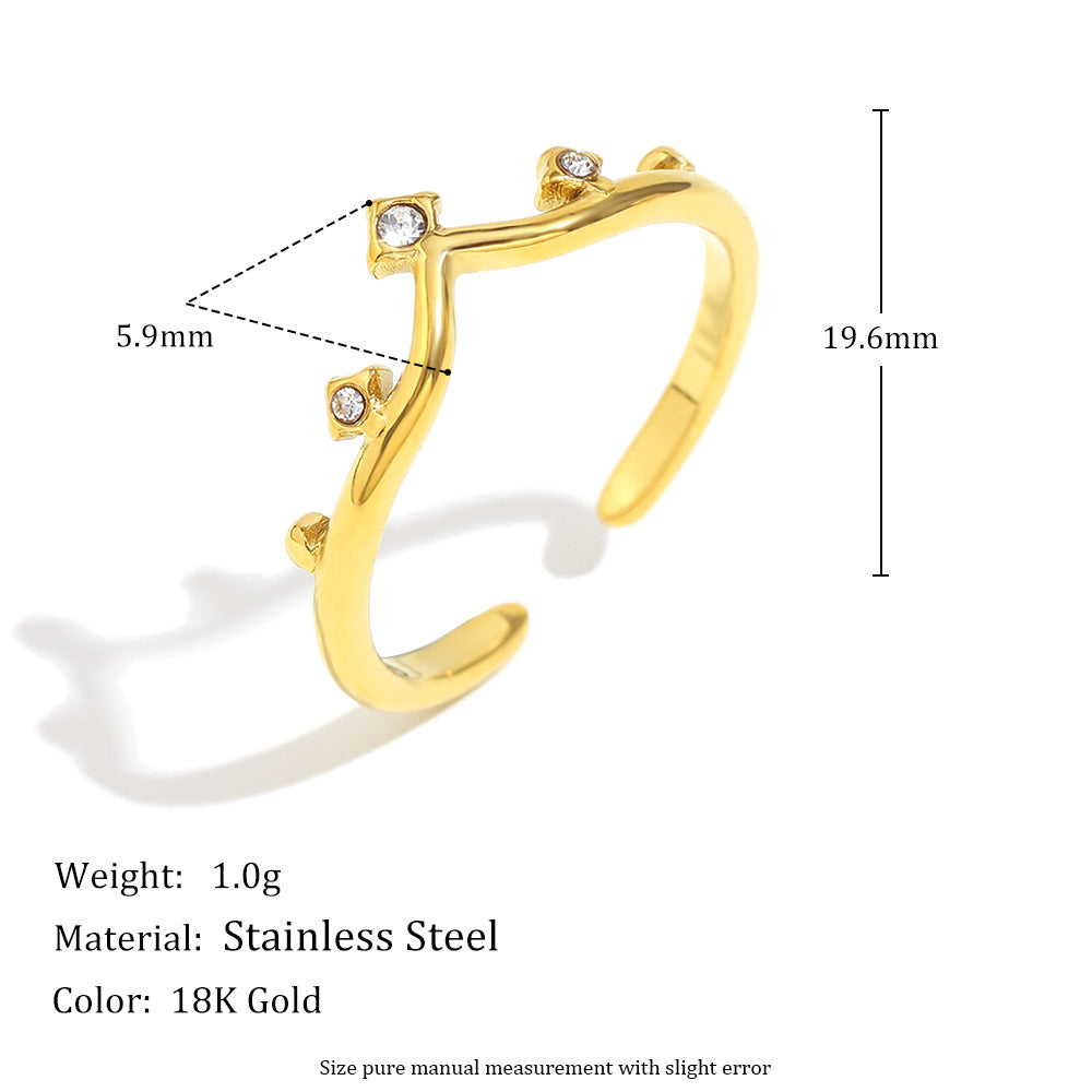 Vintage French-Inspired Geometric Stainless Steel Plated 18K Gold Crown Ring with Rhinestone Accents for Women