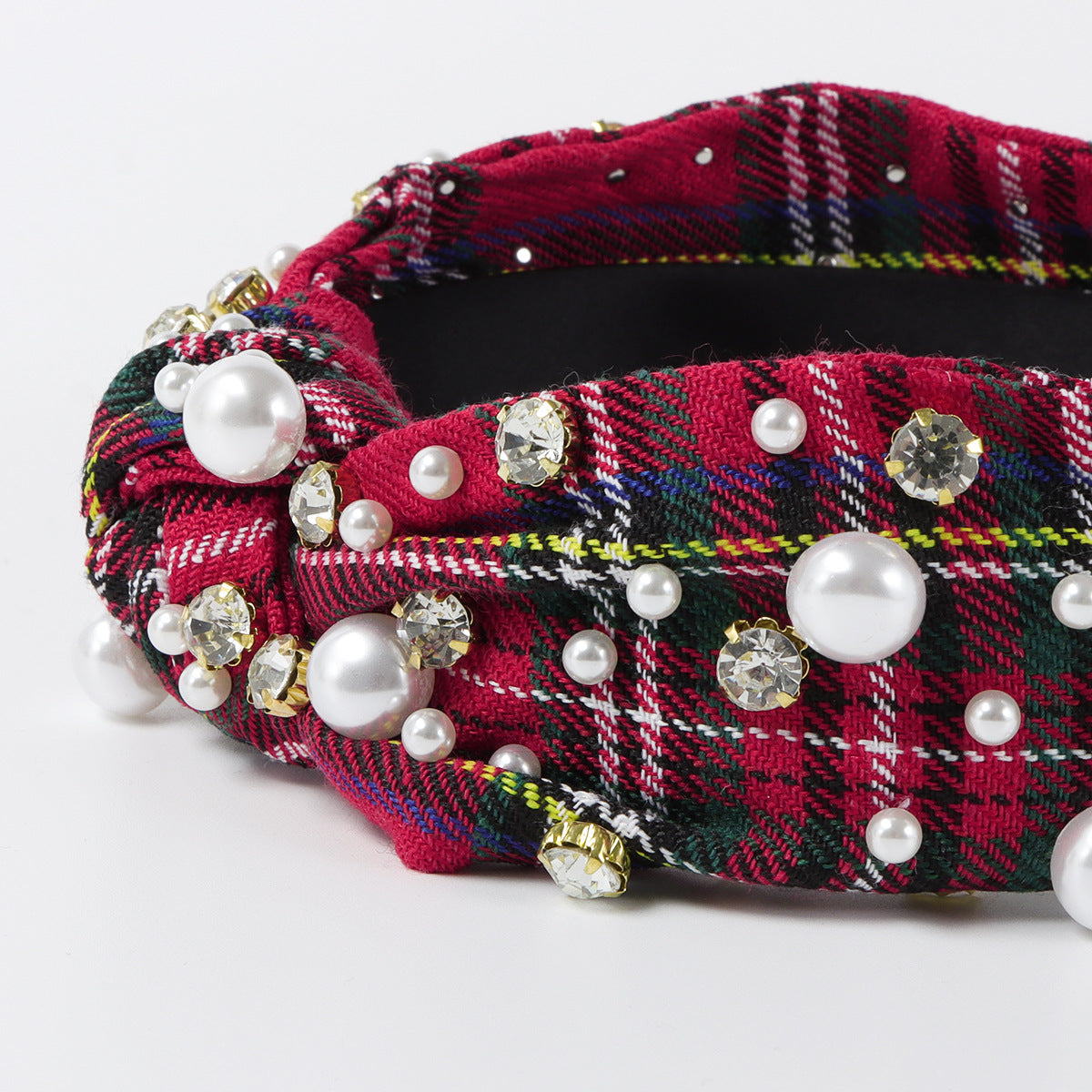 Diadema de tela con perlas y cuadros geométricos de estilo vintage chic para mujer, con incrustaciones de diamantes de imitación y banda ancha anudada