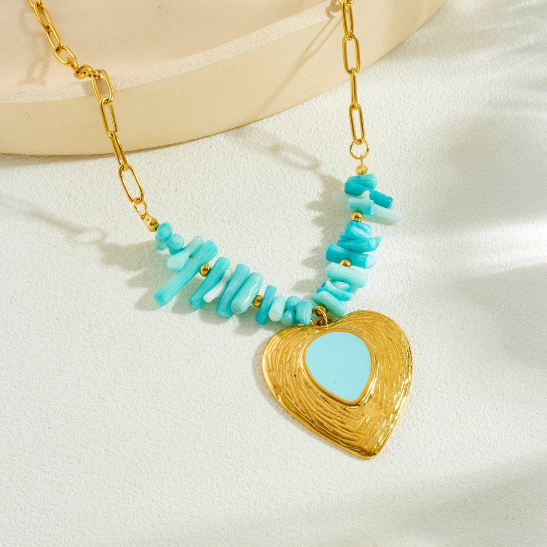 Chic Heart Shaped Gold Plated Drip Oil Stainless Steel Necklace with Blue Stone Beads and Curb Chain