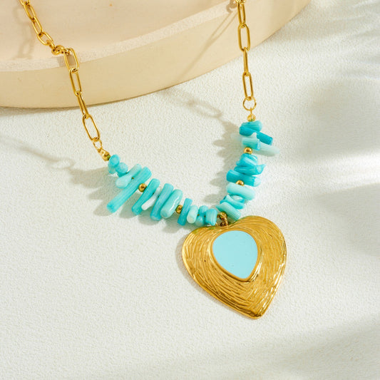 Chic Heart Shaped Gold Plated Drip Oil Stainless Steel Necklace with Blue Stone Beads and Curb Chain