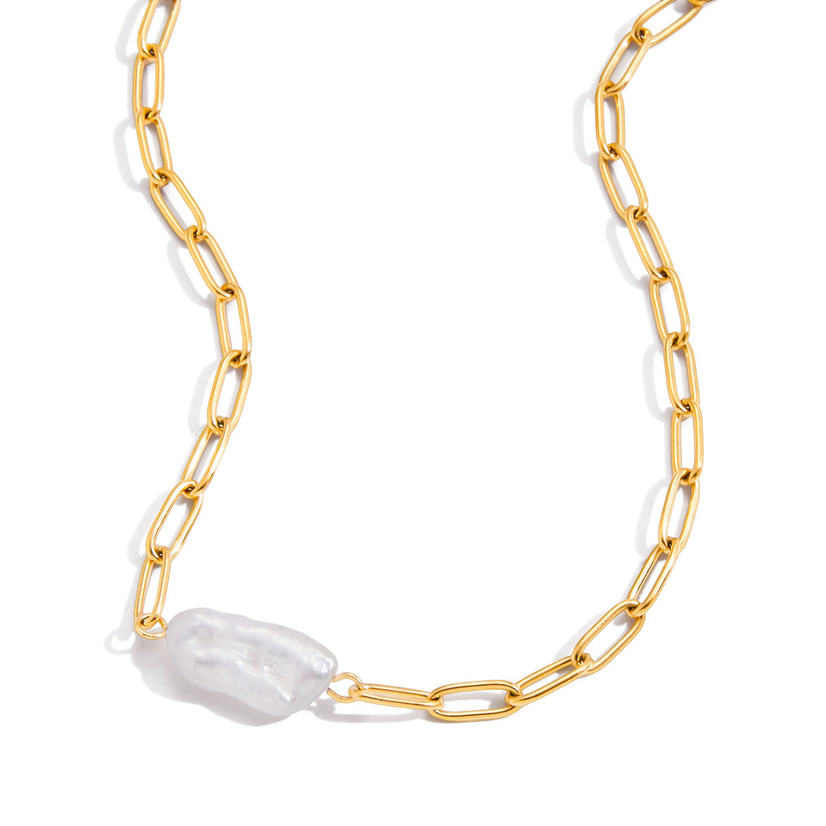 Collar minimalista de acero inoxidable con forma de clip, colgante de perla cultivada y detalles de pedrería para mujer