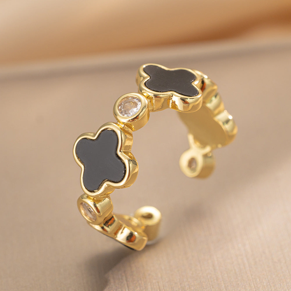 Luxury Minimalist Adjustable Open Ring for Women with Gold-Plated Copper Band and Zircon Stone Accent in Heart and Floral Shape