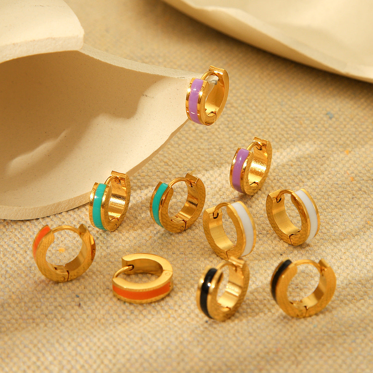 Minimalist Geometric Titanium Steel Earrings with 18K Gold Plating and Colorful Enamel Finish for Women