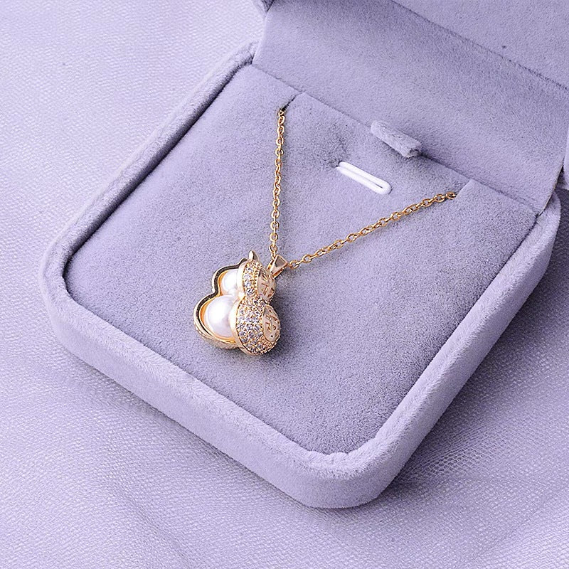 Fashionable Double-Sided Gourd Pendant Necklace in Titanium Steel with Zircon Inlay, Peanut-Shaped Charm, Snake Chain Style for Women and Men