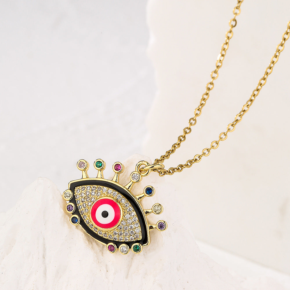 Minimalist Geometric Evil Eye Pendant Necklace for Women with Copper Base and Gold Plating, Enamel Finish and Zircon Inlay