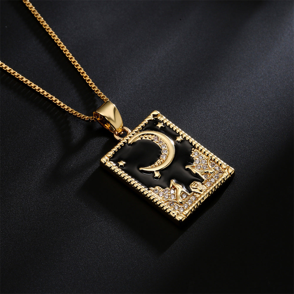 Retro-Style Geometric Oil-Dipped Zircon Oil Painting Pendant Necklace for Women in Copper with 18K Gold Plating