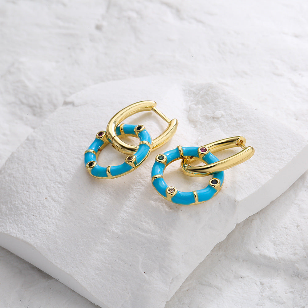 Orecchini Geometri Boho in Rame Placcati Oro 18K con Finitura a Smalto, Dettagli in Strass, Design Fresco e Carino