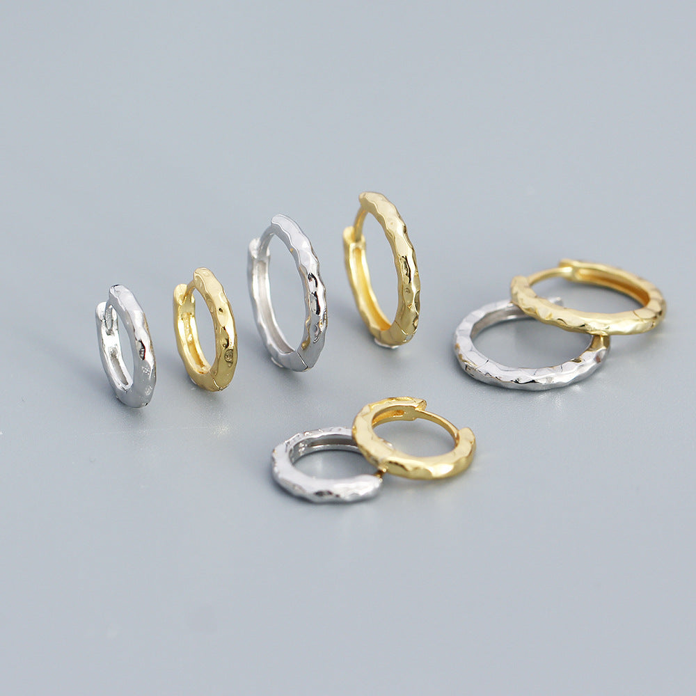 Minimalist 925 Sterling Silver Polished Round Hammered Hoop Earrings