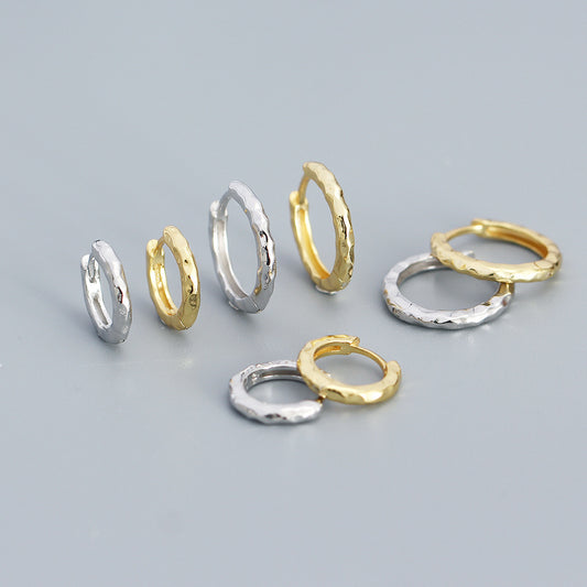 Minimalist 925 Sterling Silver Polished Round Hammered Hoop Earrings