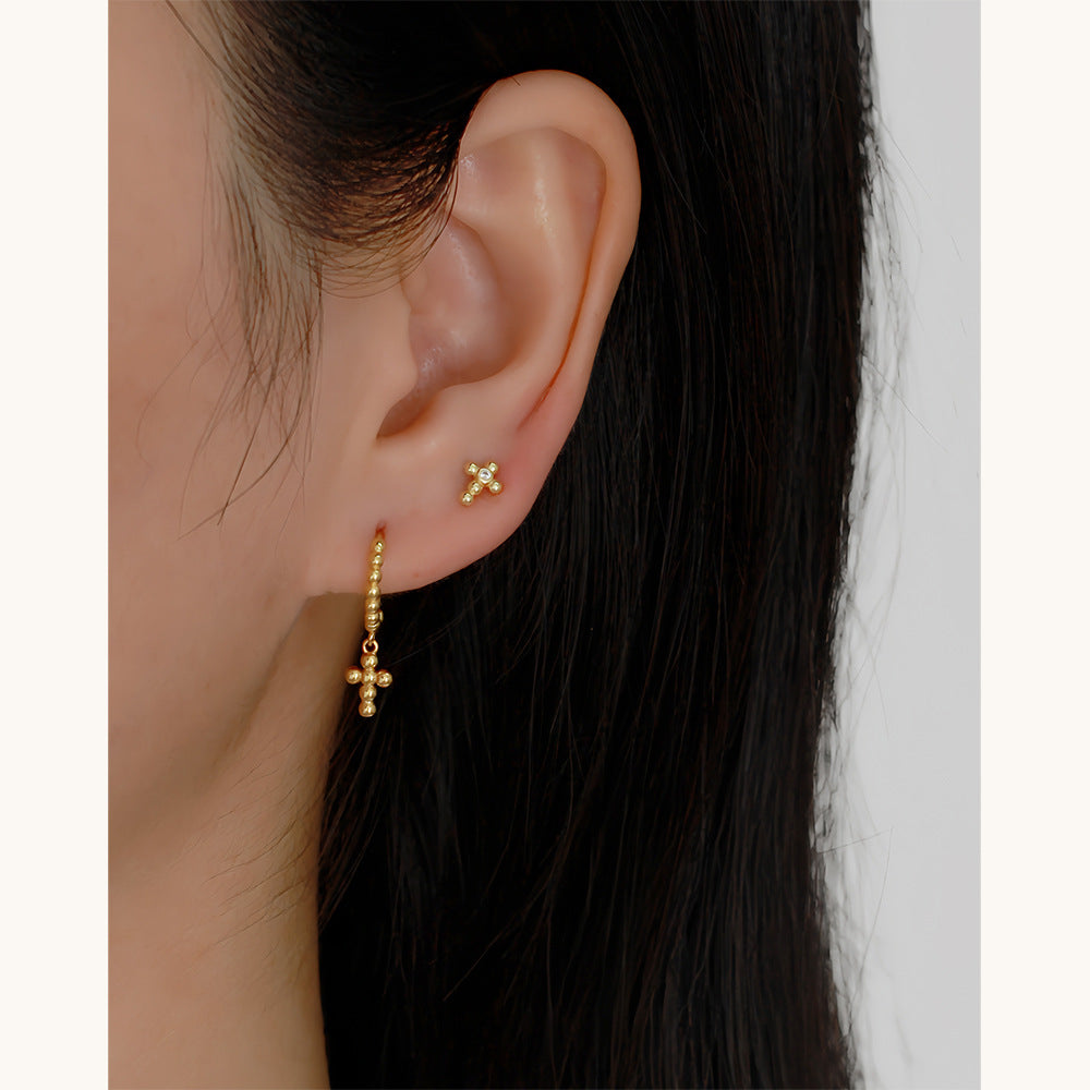 Sweet Punk 925 Sterling Silver Cross Plated Rhinestone Threaded Stud Earrings