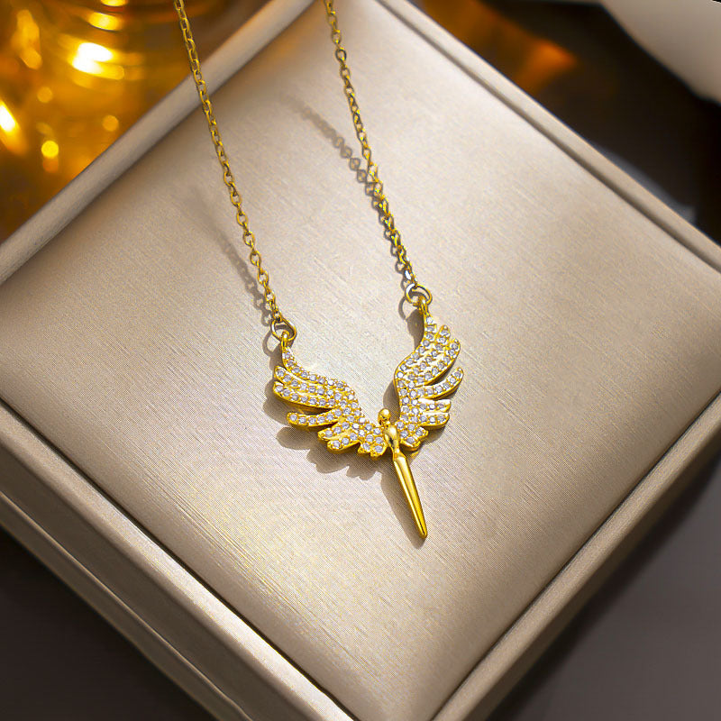 Minimalist Angel Wing Pendant Necklace in Titanium Steel with Micro-Pave Colored Rhinestones on O-Chain