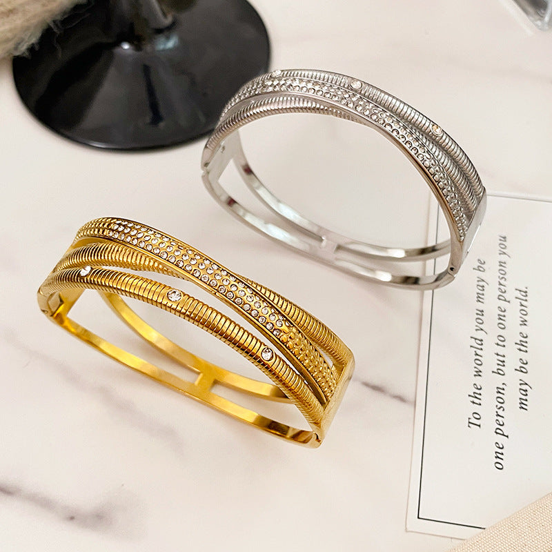 Three-Layer Cross Oval Geometric Cubic Zirconia Plated Titanium Steel Bracelet