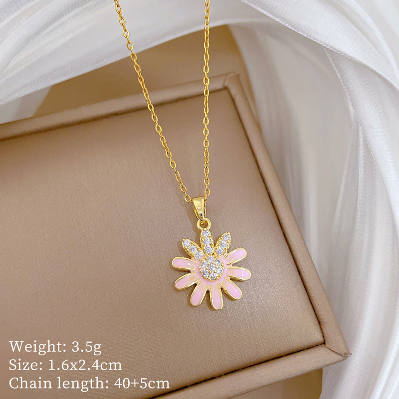Sweet Minimalist Drip Oil Sunflower Moon Rhinestone Titanium Steel Necklace Set for Unisex