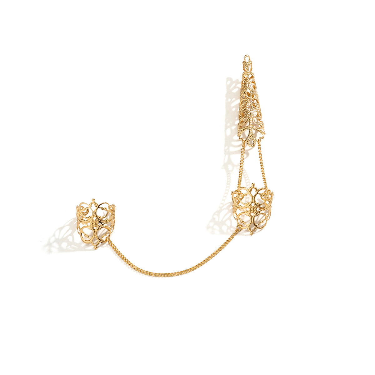 Anello geometrico a corona vuota vintage punk da donna in lega placcata con catena e motivo a rete asimmetrico