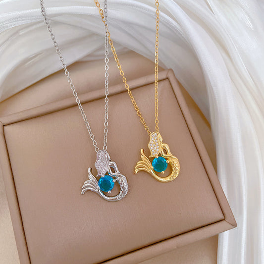 Luxury Sweet Geometric Rhinestone Mermaid Pendant Necklace Stainless Steel Chain for Unisex