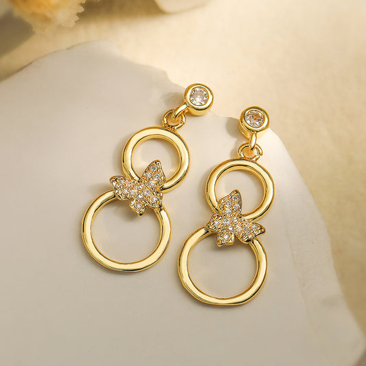 Vintage-Style Butterfly-Shaped Geometric Copper Earrings with 18K Gold Plating and Zircon Inlay for Women