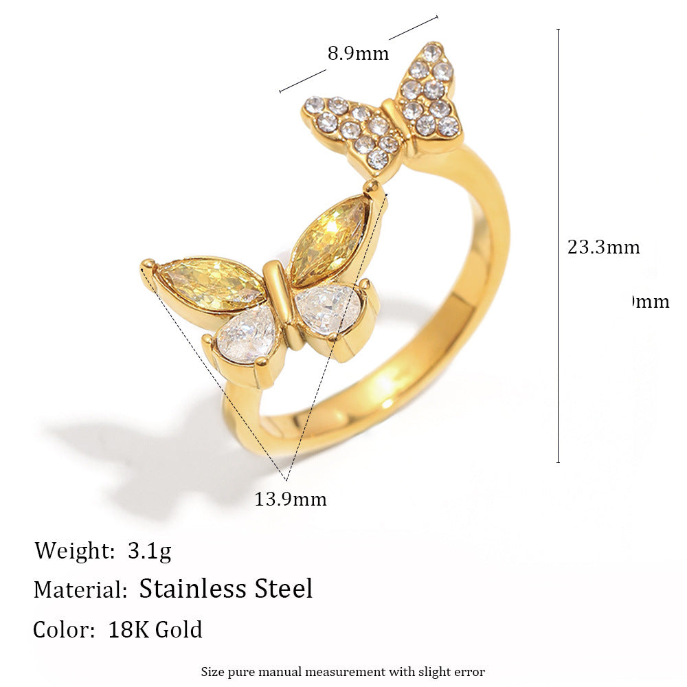 Fashionable OL Style Butterfly-Shaped Stainless Steel Ring with 18K Gold Plating and Simulated Pearl Accents